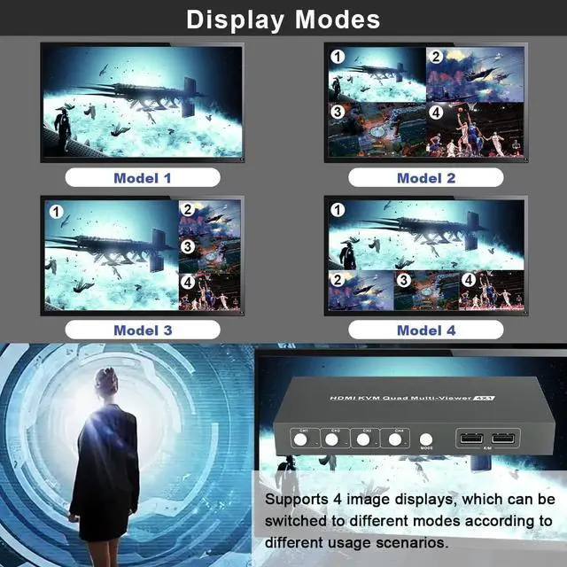 Alt view image 2 of 7 - 4X1 HDMI Multiviewer Switch, 4K@30Hz Quad Multiviewer Seamless Switch, HDMI KVM Switch with USB and Audio Ports, Mouse Sliding Switch Control Supported