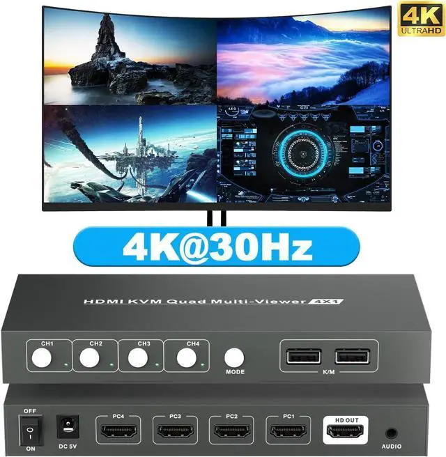 Alt view image 4 of 7 - 4X1 HDMI Multiviewer Switch, 4K@30Hz Quad Multiviewer Seamless Switch, HDMI KVM Switch with USB and Audio Ports, Mouse Sliding Switch Control Supported