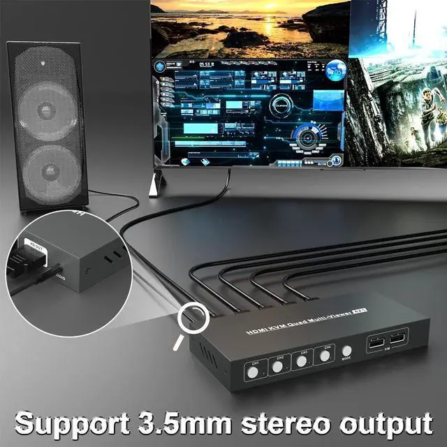 Alt view image 6 of 7 - 4X1 HDMI Multiviewer Switch, 4K@30Hz Quad Multiviewer Seamless Switch, HDMI KVM Switch with USB and Audio Ports, Mouse Sliding Switch Control Supported