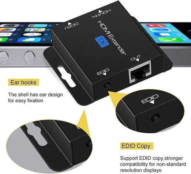 Alt view image 5 of 6 - VPFET HDMI Extender Over Single Cat6 Ethernet up to 200Ft Repeater Balun Transmitter Receiver Power on Cat Support Full 1080p 3D HDCP EDID Copy from Displays