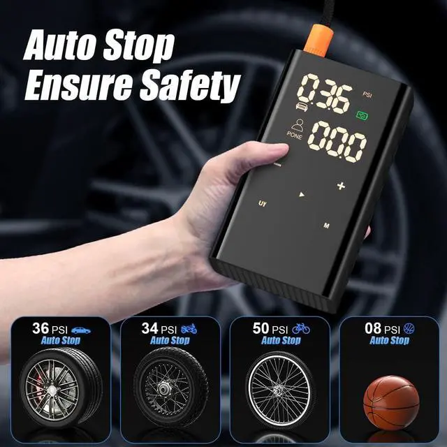 Alt view image 7 of 7 - Tire Inflator Portable Air Compressor for Car Tires, Cordless 150PSI Air Pump with 6600mAh Battery, Built-in Automatic Pressure Gauge & Emergency Light