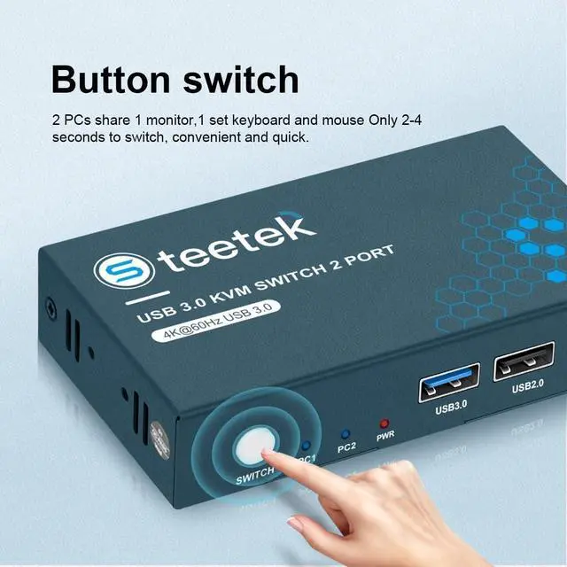 Alt view image 5 of 7 - Steetek HDMI KVM Switch USB 3.0, 2 in 1 Out 4K@60Hz Kvm Switch, for 2 Computers Share 1 Monitor 1 Set Keyboard Mouse USB 3.0 Kvm Switch, Button Switching, with 2 USB and 2 HDMI Cables