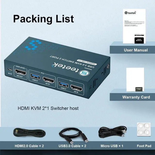 Alt view image 7 of 7 - Steetek HDMI KVM Switch USB 3.0, 2 in 1 Out 4K@60Hz Kvm Switch, for 2 Computers Share 1 Monitor 1 Set Keyboard Mouse USB 3.0 Kvm Switch, Button Switching, with 2 USB and 2 HDMI Cables