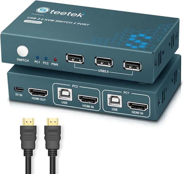 Main image of KVM Switch 1 Monitor 2 Computers with 4K@60Hz Ultra HD Resolution, HDMI KVM Switch 3 USB 2.0 Hub, 2 Port KVM Switch Support Button Switch, 2 HDMI Cables & 2 USB Cables Included