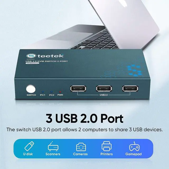 Alt view image 4 of 7 - KVM Switch 1 Monitor 2 Computers with 4K@60Hz Ultra HD Resolution, HDMI KVM Switch 3 USB 2.0 Hub, 2 Port KVM Switch Support Button Switch, 2 HDMI Cables & 2 USB Cables Included