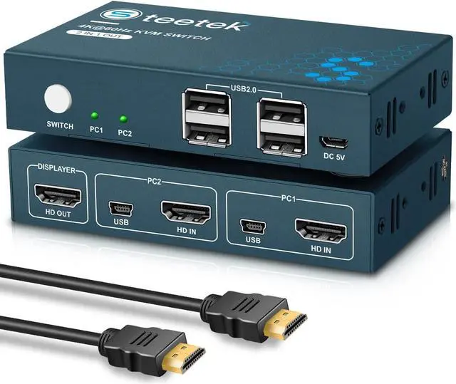 Main image of HDMI KVM Switch 2 Port, KVM Switch HDMI 4K@60Hz, 2 in 1 Out KVM Switch by 1 Keyboard Mouse Control, 2 Computer 1 Monitor, Button Switch, with 4 USB 2.0 Port KVM Switch, with 1 HDMI 2 USB Cable