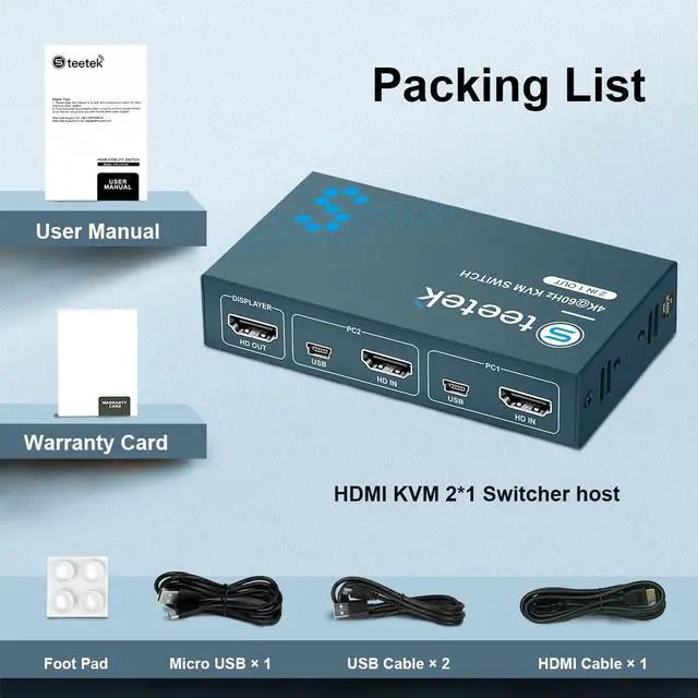 Alt view image 7 of 7 - HDMI KVM Switch 2 Port, KVM Switch HDMI 4K@60Hz, 2 in 1 Out KVM Switch by 1 Keyboard Mouse Control, 2 Computer 1 Monitor, Button Switch, with 4 USB 2.0 Port KVM Switch, with 1 HDMI 2 USB Cable