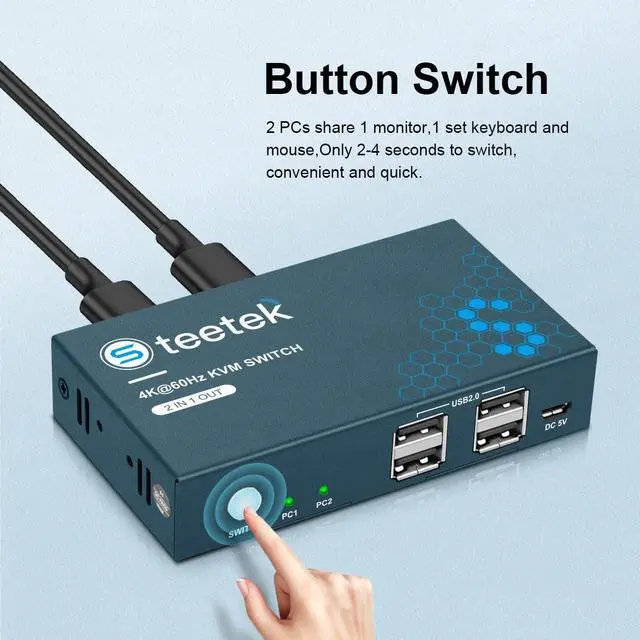 Alt view image 5 of 7 - HDMI KVM Switch 2 Port, KVM Switch HDMI 4K@60Hz, 2 in 1 Out KVM Switch by 1 Keyboard Mouse Control, 2 Computer 1 Monitor, Button Switch, with 4 USB 2.0 Port KVM Switch, with 1 HDMI 2 USB Cable