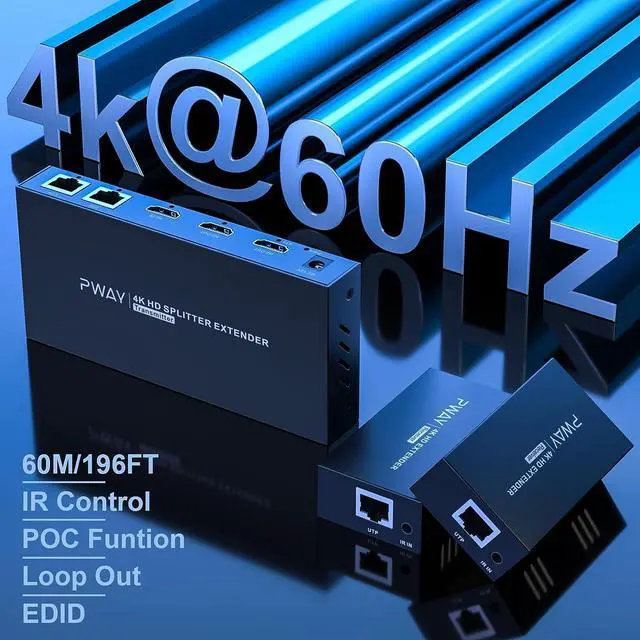 Alt view image 2 of 7 - HDMI Extender Splitter1x2 HD 4K @60Hz up to 60m(196ft)-Loop Out-Over CAT5/CAT6/CAT7 Cable HDMI Transmitter and Receiver with IR Power Switch and EDID