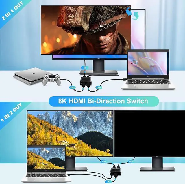 Alt view image 3 of 7 - HDMI Switch Splitter 8K @ 60Hz Bi-Directional, 2 in 1 Out or 1 in 2 Out HDMI 2.1 Switch Splitter, Button Switch with EDID Adaptive , Compatible with The Xbox Series PS5, Plug and Play