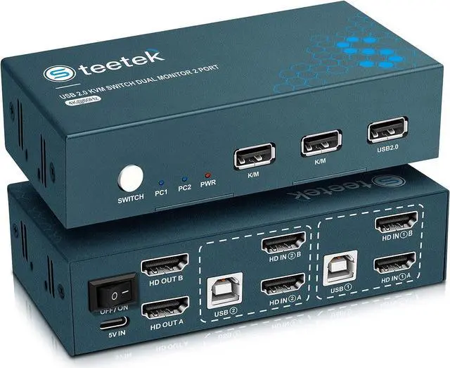 Main image of HDMI KVM Switch Dual Monitor, 2 Port KVM Switch 4K@30Hz, KVM Switch 2 Computer 2 Monitor, KVM Supported Wireless Keyboard & Mouse and Hotkey Switch, Dual Monitor KVM Switch with 4 HDMI Cables