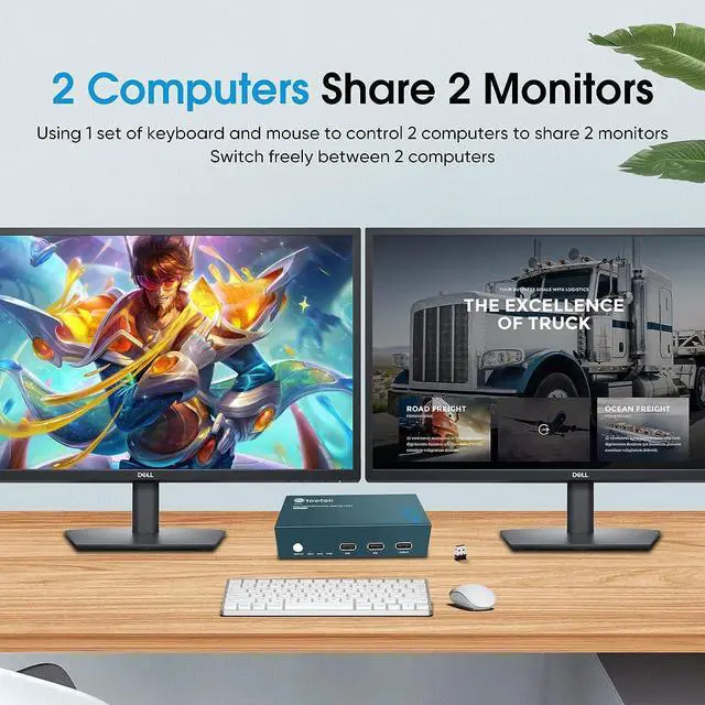 Alt view image 2 of 7 - HDMI KVM Switch Dual Monitor, 2 Port KVM Switch 4K@30Hz, KVM Switch 2 Computer 2 Monitor, KVM Supported Wireless Keyboard & Mouse and Hotkey Switch, Dual Monitor KVM Switch with 4 HDMI Cables