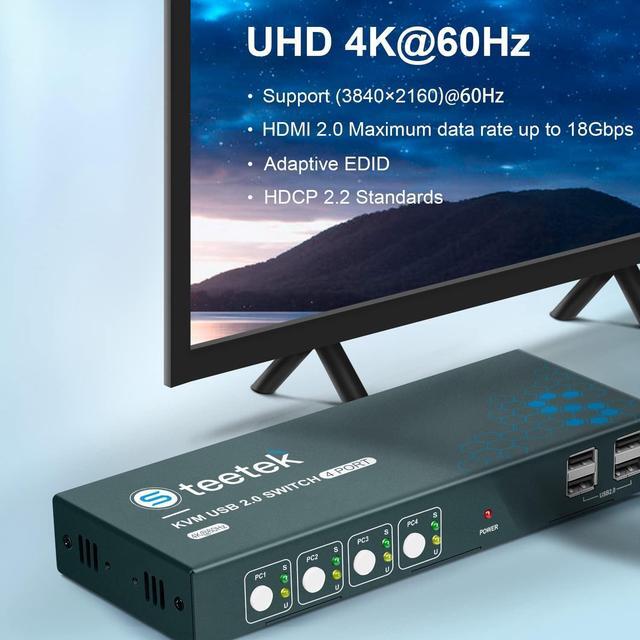 Alt view image 2 of 7 - HDMI 4 Port Kvm Switch Box for 4 Computers Share 1 Monitor, 4K@60Hz 4X1 KVM Switch with 4 USB 2.0 Ports, HDCP 2.2, Plug and Play, Button Switch, with 1 HDMI and 4 USB Cables