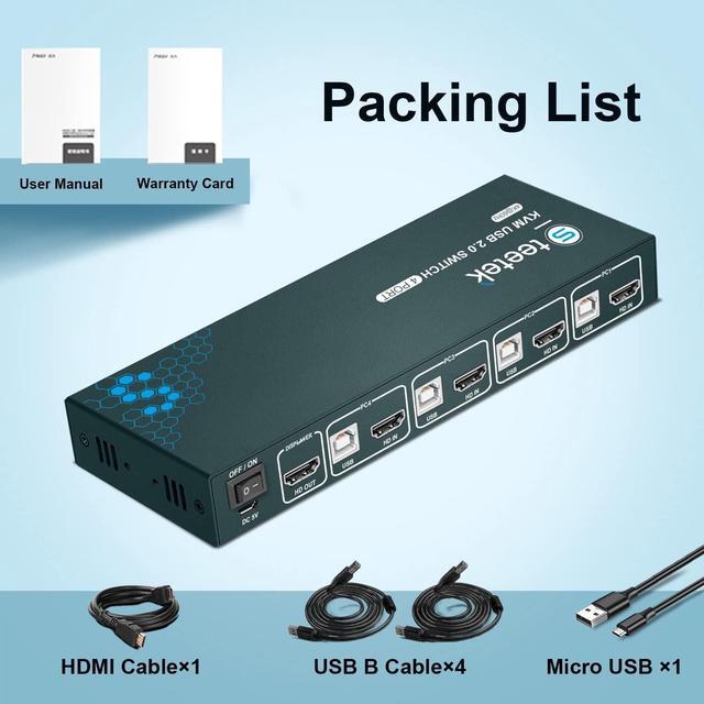 Alt view image 7 of 7 - HDMI 4 Port Kvm Switch Box for 4 Computers Share 1 Monitor, 4K@60Hz 4X1 KVM Switch with 4 USB 2.0 Ports, HDCP 2.2, Plug and Play, Button Switch, with 1 HDMI and 4 USB Cables