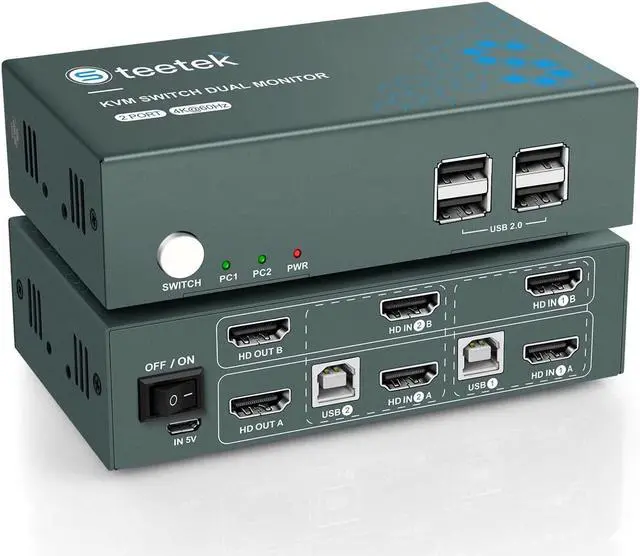 Main image of KVM Switch Dual Monitor HDMI 2 Port, 4K @ 60Hz, YUV 4:4:4, 2 PCs 2 Monitors by 1 Keyboard Mouse Control, KVM Switch HDMI Extend Display, 4 USB 2.0 Hub, Button Switch, 4 HDMI and 2 USB Cables Included