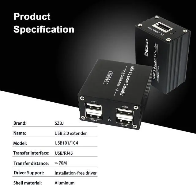 Alt view image 3 of 6 - SZBJ USB Extender Over RJ45 Cat5E/6 up to 230ft Ethernet Cable Extender with Power Adapter with 4 USB2.0 Output - Full USB 2.0 Support for Keyboard, DongleMouse, Webcam, and All Operating System 104