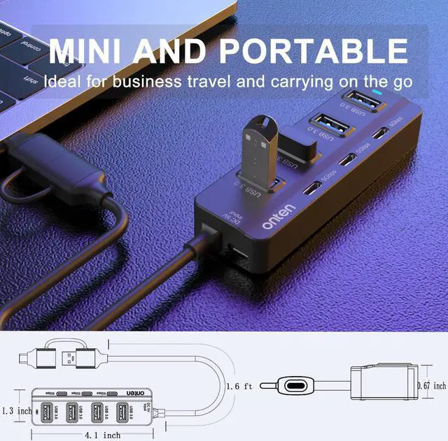 Alt view image 3 of 6 - Onten USB C Hub,7Port USB 3.0 Hub,USB C to USB C Adapter,USB Splitter with 1.6 ft Cable 4*USB3.0 Ports,3*USB C Ports for Laptop MacBook Surface Pro and More USB/USB C Devices
