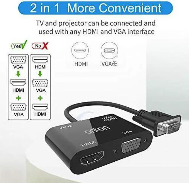 Alt view image 3 of 3 - ONTEN VGA Splitter 1 VGA in HDMI VGA 2 Out , VGA to HDMI VGA Adapter for Computer, Desktop, Laptop, PC, Monitor, Projector\u2026Work Need Power