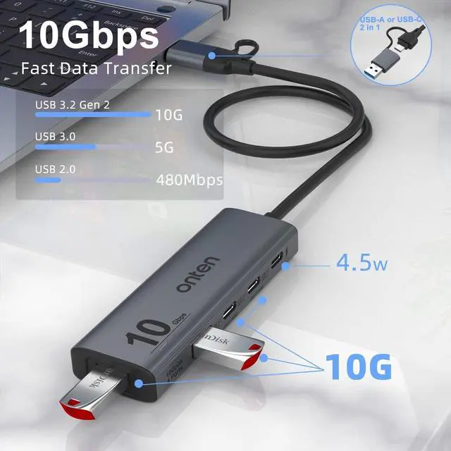 Alt view image 4 of 7 - Onten 10Gbps USB C Hub,USB C to USB C/A Adapter with USB3.2 GEN2 Speed. USB/USB C Splitter with 2*USBA(10G) 2*USB C(10G).4 Ports USB C Adapter e(Data Transfer only,Not Support Power and Monitor)