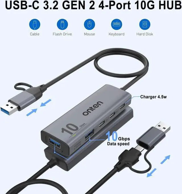 Alt view image 5 of 7 - Onten 10Gbps USB C Hub,USB C to USB C/A Adapter with USB3.2 GEN2 Speed. USB/USB C Splitter with 2*USBA(10G) 2*USB C(10G).4 Ports USB C Adapter e(Data Transfer only,Not Support Power and Monitor)