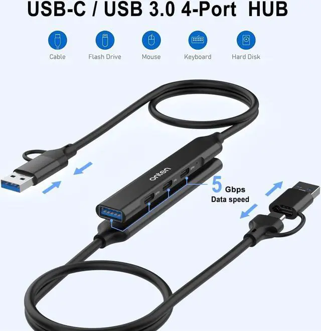 Alt view image 3 of 5 - ONTEN USB C HUB, USB C to USB C and USB A Adapter. USB 3.0 HUB with 3* USB C(5Gbps) 1*USB A(5Gbps). 1.6 ft Cable .for Laptop MacBook Surface Pro and More USB Devices