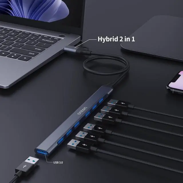 Alt view image 5 of 7 - USB C Hub USB C USB to USB Adapter USB C to USB A Hub 7 Ports USB-C USB to USB Hub 3.0/2.0 for MacBook Pro iMac 2021 USB Splitter Aluminum Alloy Color Gray