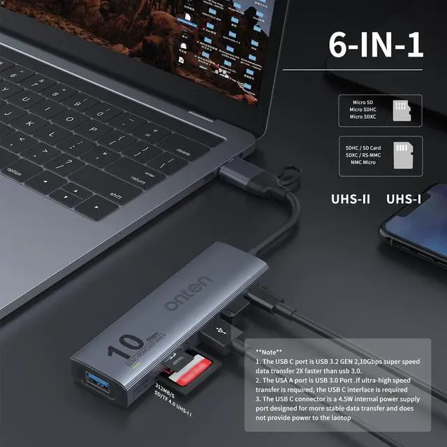 Alt view image 7 of 7 - Onten Dual-Slot UHS-II SD4.0 Card Reader.10Gbps USB C to USB Hub Adapter,USB Hub with 3*USB 3.2 GEN 2(10Gbps) Port and UHS-II SD/TF4.0.Compatible with Mac OS iPad OS,Windows,Android,and Linux.
