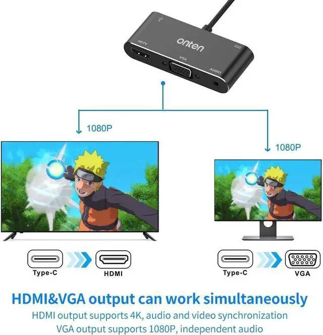 Alt view image 3 of 6 - ONTEN USB C to HDMI VGA Adapter (5-in-1)