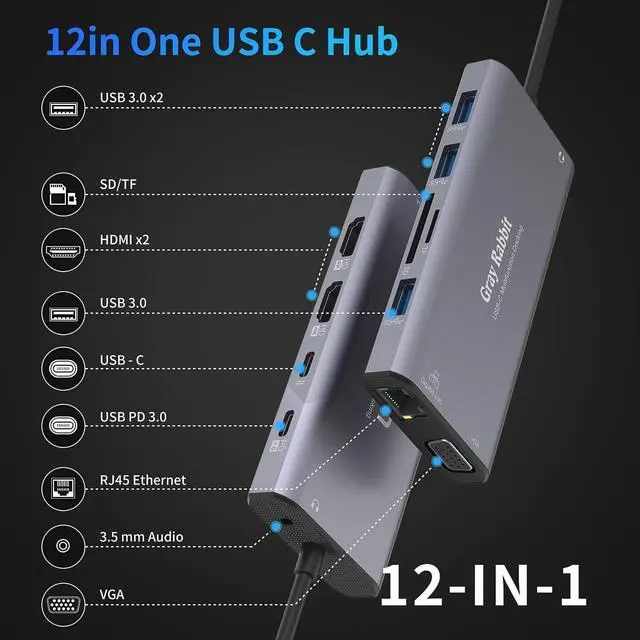 Alt view image 2 of 7 - USB C Docking Station,USB C to Dual HDMI Monitor Adapter USB C HUB Triple Display and MST Mode for Windows. Compatible with thunderbolt3/4 MacBook Pro/Air, iPad Pro and More(DP AltMode Required)