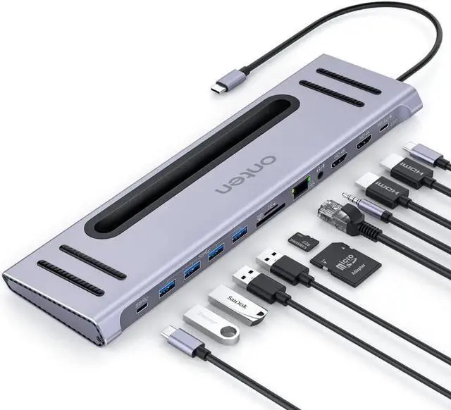 Main image of USB C Docking Station,Onten USB-C to Dual HDMI Adapter HUB .12-in-1 USB-A 3.0, USB-C 3.0 .Gigabit Ethernet Dual-solt sd/tf Card Reader,PD 100w Charger (DP Alternative Mode Required)