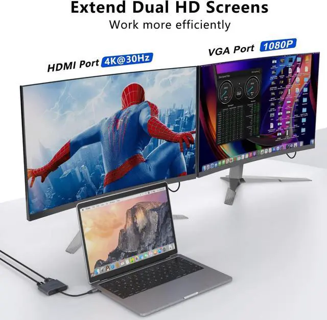 Alt view image 3 of 7 - ONTEN USB-C to HDMI VGA Adapter, 1080P VGA and 4K HDMI, USB-C Thunderbolt 3 to Dual Monitor Adapter .for Thunderbole3/4, MacBook Pro/Air,Surface Pro,etc (DP alt Mode Required)