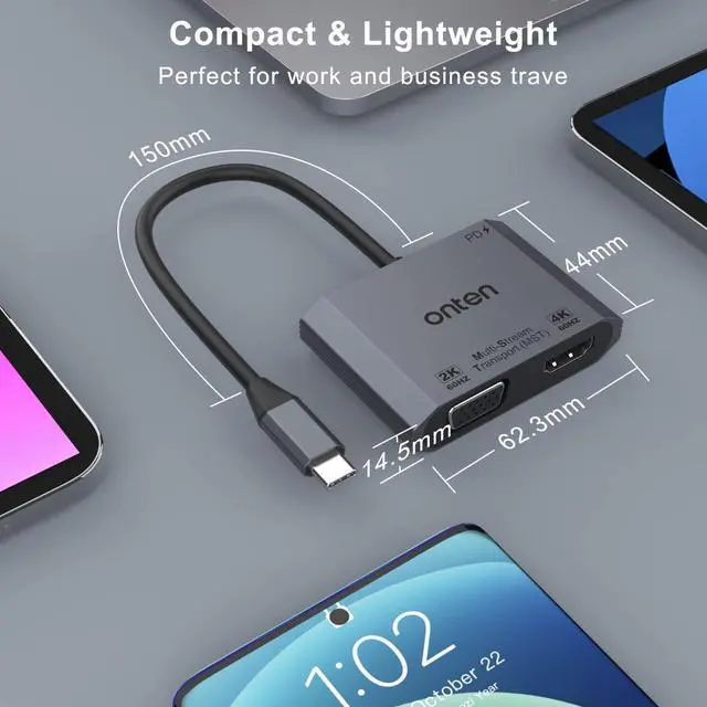 Alt view image 6 of 7 - ONTEN USB-C to HDMI VGA Adapter, 1080P VGA and 4K HDMI, USB-C Thunderbolt 3 to Dual Monitor Adapter .for Thunderbole3/4, MacBook Pro/Air,Surface Pro,etc (DP alt Mode Required)
