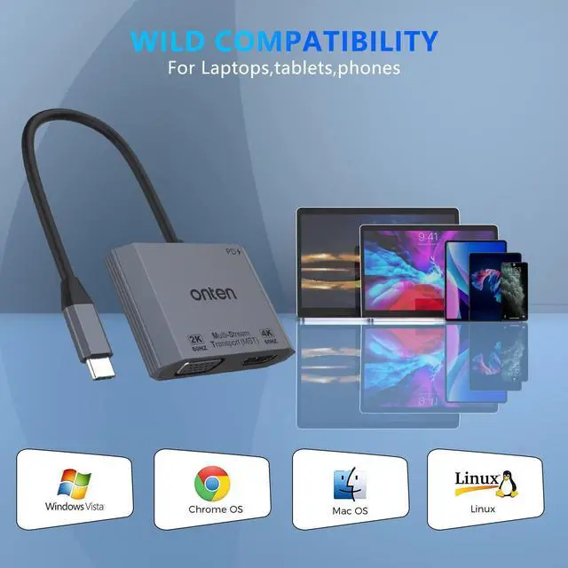 Alt view image 5 of 7 - ONTEN USB-C to HDMI VGA Adapter, 1080P VGA and 4K HDMI, USB-C Thunderbolt 3 to Dual Monitor Adapter .for Thunderbole3/4, MacBook Pro/Air,Surface Pro,etc (DP alt Mode Required)