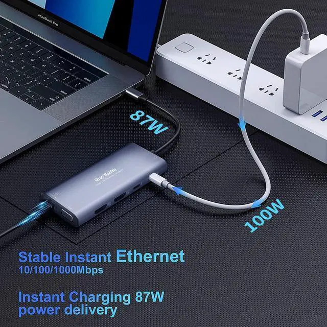 Alt view image 4 of 7 - USB C Docking Station,USB C to Dual HDMI Monitor Adapter USB C HUB Triple Display and MST Mode for Windows. Compatible with thunderbolt3/4 MacBook Pro/Air, iPad Pro and More(DP AltMode Required)