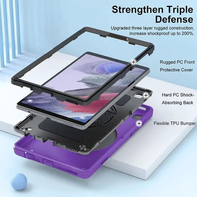 Alt view image 3 of 7 - Case for Galaxy Tab A7 Lite, Military Grade Heavy Duty Shockproof Case with Hand/Shoulder Strap Rotating Kickstand for Samsung Galaxy Tab A7 Lite 8.7 Inch 2021, Purple