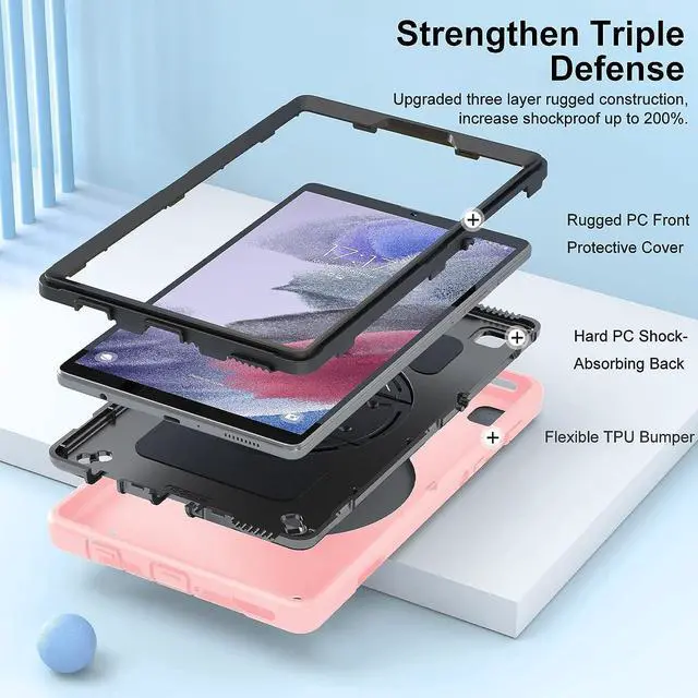 Alt view image 3 of 7 - Case for Galaxy Tab A7 Lite, Military Grade Heavy Duty Shockproof Case with Hand/Shoulder Strap Rotating Kickstand for Samsung Galaxy Tab A7 Lite 8.7 Inch 2021, Pink