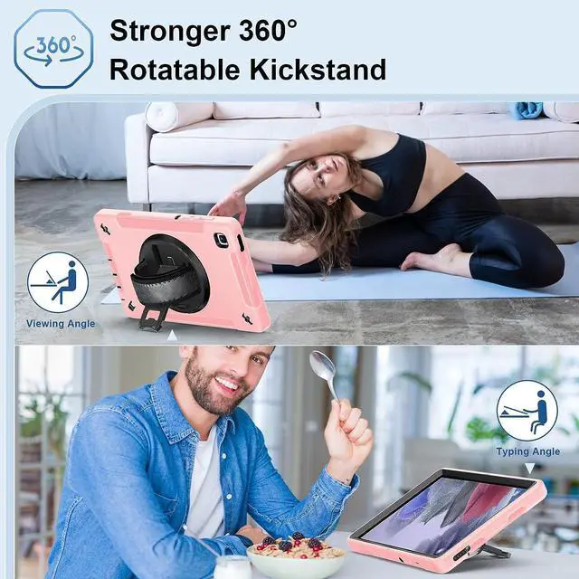 Alt view image 5 of 7 - Case for Galaxy Tab A7 Lite, Military Grade Heavy Duty Shockproof Case with Hand/Shoulder Strap Rotating Kickstand for Samsung Galaxy Tab A7 Lite 8.7 Inch 2021, Pink