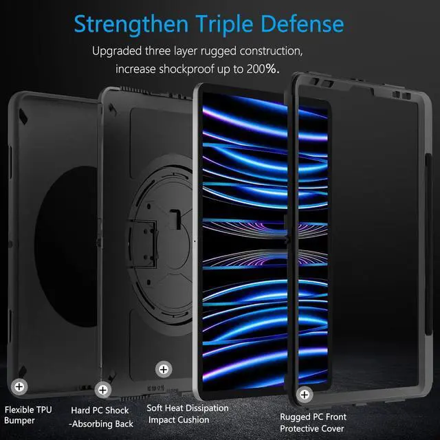 Alt view image 3 of 7 - Case for iPad Pro 11 Inch Case 2022/2021: iPad Pro 11 Case 4th Generation, Military Grade Heavy Duty Shockproof Rotating Stand+Hand/Shoulder Strap for iPad Pro 11 2021 3rd Gen Case, Black