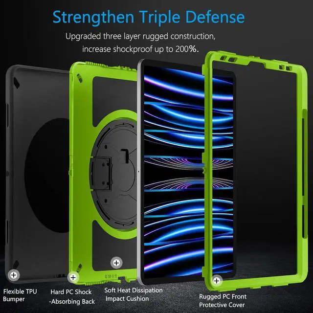 Alt view image 3 of 7 - Case for iPad Pro 11 Inch Case 2022/2021: iPad Pro 11 Case 4th Generation, Military Grade Heavy Duty Shockproof Rotating Stand+Hand/Shoulder Strap for iPad Pro 11 2021 3rd Gen Case, Green