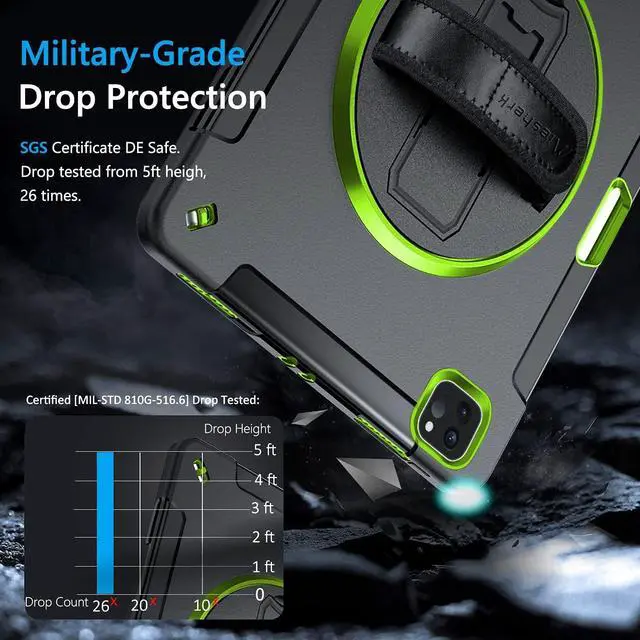 Alt view image 2 of 7 - Case for iPad Pro 11 Inch Case 2022/2021: iPad Pro 11 Case 4th Generation, Military Grade Heavy Duty Shockproof Rotating Stand+Hand/Shoulder Strap for iPad Pro 11 2021 3rd Gen Case, Green