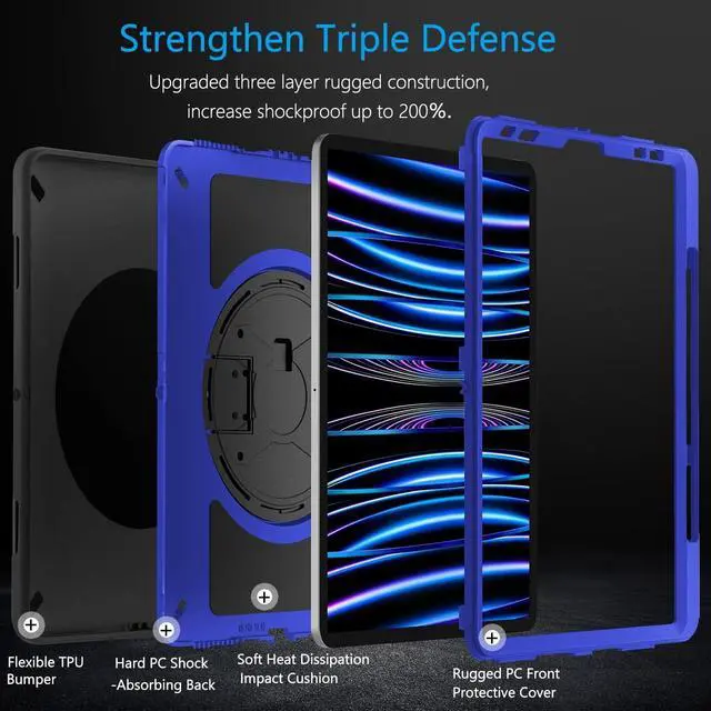 Alt view image 3 of 7 - Case for iPad Pro 11 Inch Case 2022/2021: iPad Pro 11 Case 4th Generation, Military Grade Heavy Duty Shockproof Rotating Stand+Hand/Shoulder Strap for iPad Pro 11 2021 3rd Gen Case, Blue