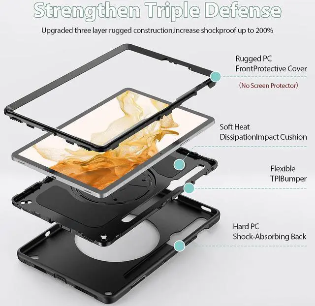 Alt view image 6 of 7 - Case for Samsung Galaxy Tab S7/S8, Military Grade Heavy Duty Shockproof Case for Galaxy Tablet S8 11 inch with Hand/Shoulder Strap-S-Pen Holder-Tab S8 11" SM -X700/X706/T870/T875/T878, Black