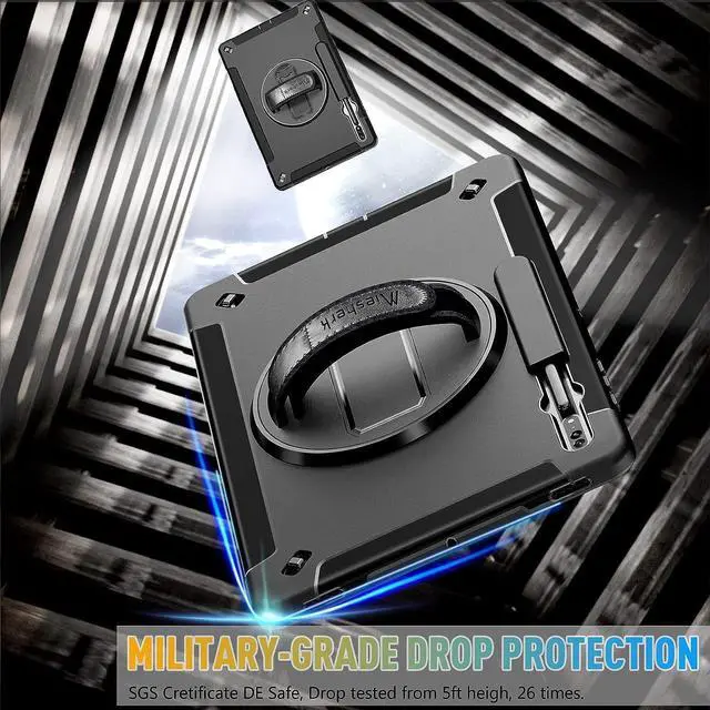 Alt view image 3 of 7 - Galaxy Tab S8 Ultra 14.6 Inch Case: Military Grade Tab S8U Case 2022 Heavy Duty Shockproof Protective Cover-S-Pencil Holder-Rotating Stand-Hand/Shoulder Strap for Samsung Tab S8 U Black