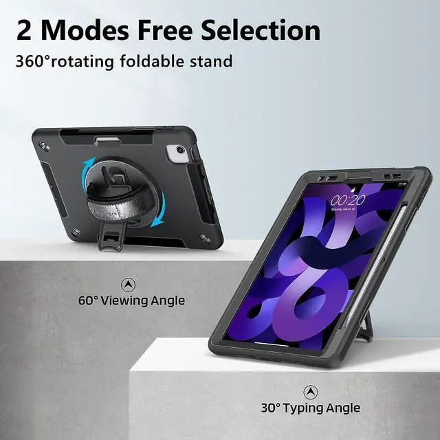 Alt view image 3 of 7 - Case for iPad Air 5th Generation Case: Compatible with iPad Air 5 Case 2022 Heavy Duty Shockproof Protective Cover-Pencil Holder-Rotating Stand-Hand/Shoulder Strap for iPad 10.9 2020 Black