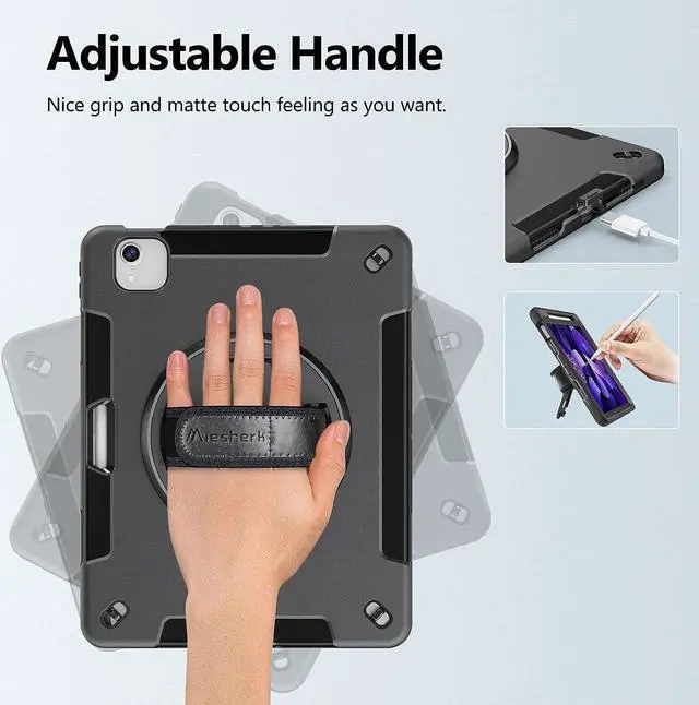 Alt view image 4 of 7 - Case for iPad Air 5th Generation Case: Compatible with iPad Air 5 Case 2022 Heavy Duty Shockproof Protective Cover-Pencil Holder-Rotating Stand-Hand/Shoulder Strap for iPad 10.9 2020 Black