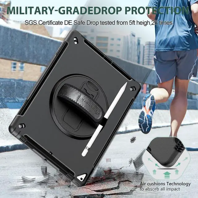Alt view image 2 of 7 - Case for iPad Pro 12.9 2nd Generation 2017 & 2015 1st Generation, Heavy Duty Rugged Shockproof Protective Cover w/360°Rotating Stand/Hand/Shoulder Strap/Pencil Holder Black