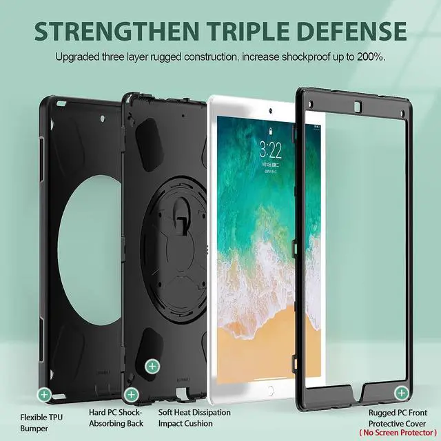 Alt view image 3 of 7 - Case for iPad Pro 12.9 2nd Generation 2017 & 2015 1st Generation, Heavy Duty Rugged Shockproof Protective Cover w/360°Rotating Stand/Hand/Shoulder Strap/Pencil Holder Black