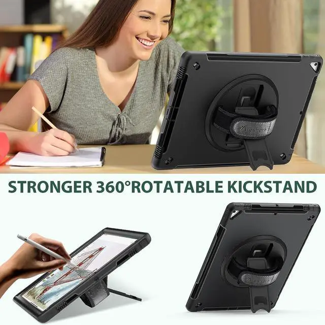 Alt view image 5 of 7 - Case for iPad Pro 12.9 2nd Generation 2017 & 2015 1st Generation, Heavy Duty Rugged Shockproof Protective Cover w/360°Rotating Stand/Hand/Shoulder Strap/Pencil Holder Black