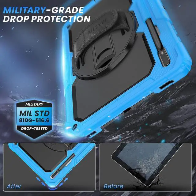 Alt view image 4 of 7 - Full Body Protective Case for Samsung Galaxy Tab S8 Ultra 14.6 Inch, 3-Layer Rugged Military Grade Shockproof Case for Tab S8 Ultra with 360° Swivel Handle, S-Pen Holder, Shoulder Strap, Orange