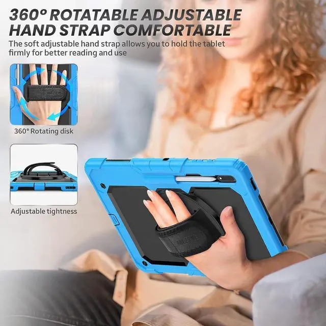 Alt view image 6 of 7 - Full Body Protective Case for Samsung Galaxy Tab S8 Ultra 14.6 Inch, 3-Layer Rugged Military Grade Shockproof Case for Tab S8 Ultra with 360° Swivel Handle, S-Pen Holder, Shoulder Strap, Orange